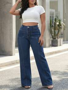 Women's Plus Size Dark Wash Non-Stretch Denim Wide Leg Pants, With Original Wash Details And Front Pockets, Long Length Casual Fall - Blue - View 8