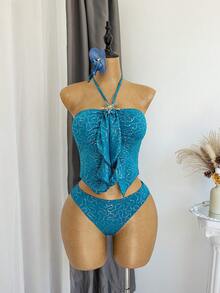Set Camisole & Bikini Musim Panas Wanita dengan Motif Bintang Laut dan Hiasan Ruffle di Bagian Bawah untuk Liburan Pantai. - Teal Blue - View 5