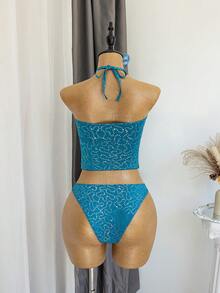 Set Camisole & Bikini Musim Panas Wanita dengan Motif Bintang Laut dan Hiasan Ruffle di Bagian Bawah untuk Liburan Pantai. - Teal Blue - View 6