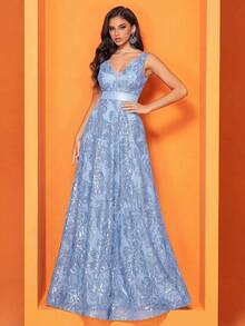 BluePlum Plus Size Women's High-Quality Sequin Embroidery Patchwork V-Neck A-Line Elegant Cocktail Party Gown, Suitable For Wedding, Anniversary, Family Formal Celebration, Bridal Shower, Birthday Party, Luxury Dignified Mother Of The Bride Dress (Heavy Decoration) - Light Wash - View 4