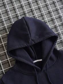Plain Fleece Sweatshirt With Pocket And Hood, Versatile, Warm And Comfortable Cotton Jacket For Winter - 藏蓝色 - 查看 4