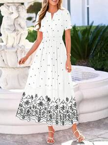 Women Summer Boho Floral V Neck Short Sleeve Flowy Long Dress Casual Hawaii Beach Vacation Holiday Wedding Guest Maxi Dress Outfits - 白色黑色 - 查看 6