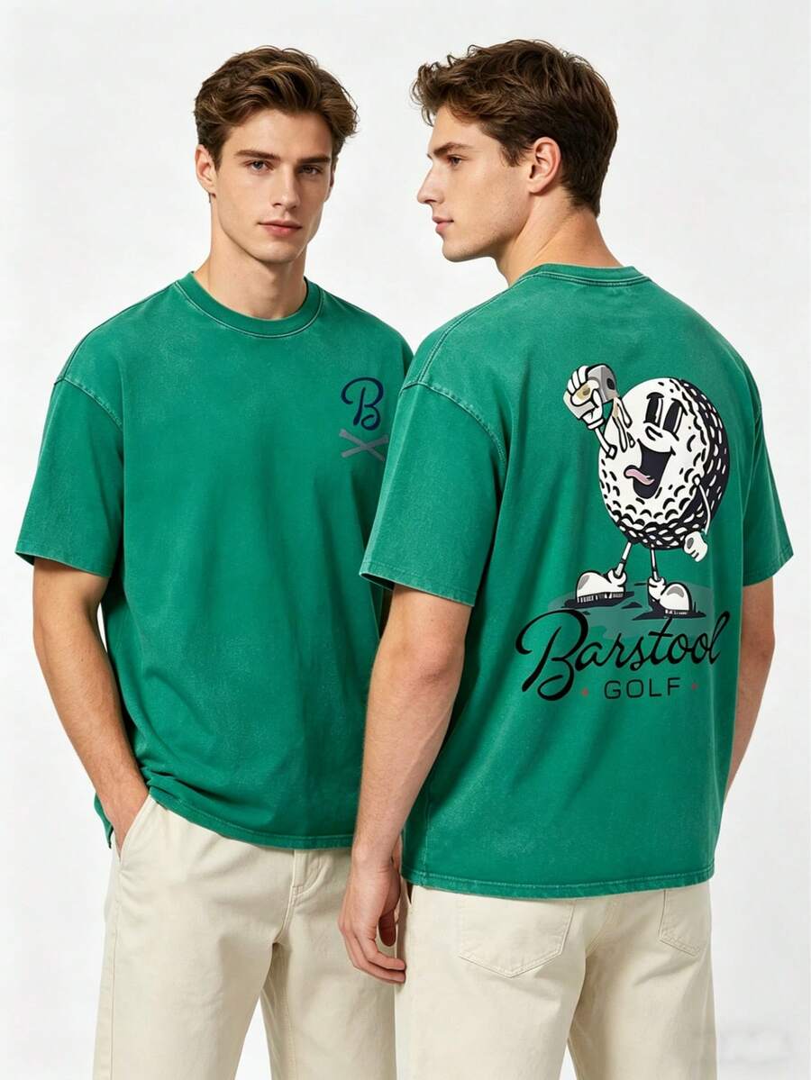 230g Vintage Washed Pure Cotton Men's T - Shirt, Featuring A Casual And Stylish Design With A "Barstool GOLF" Golf - Ball Print. Ideal For Outdoor Sports, This T - Shirt Offers A Loose Fit And Is Made From Soft Knitted Fabric - 薄荷綠 - 查看 1