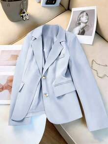 Elegant Heart Button Blazer, New Casual Chic Design Spring - Baby Blue - View 7