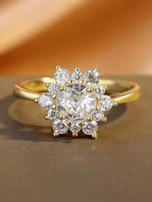 1 chiếc nhẫn nữ hình hoa 6 chấu, vàng 18K sang trọng đính đá Cubic Zirconia lấp lánh, kiểu dáng bông tuyết hình học 6 chấu dành cho nữ. - hoa - Xem 2