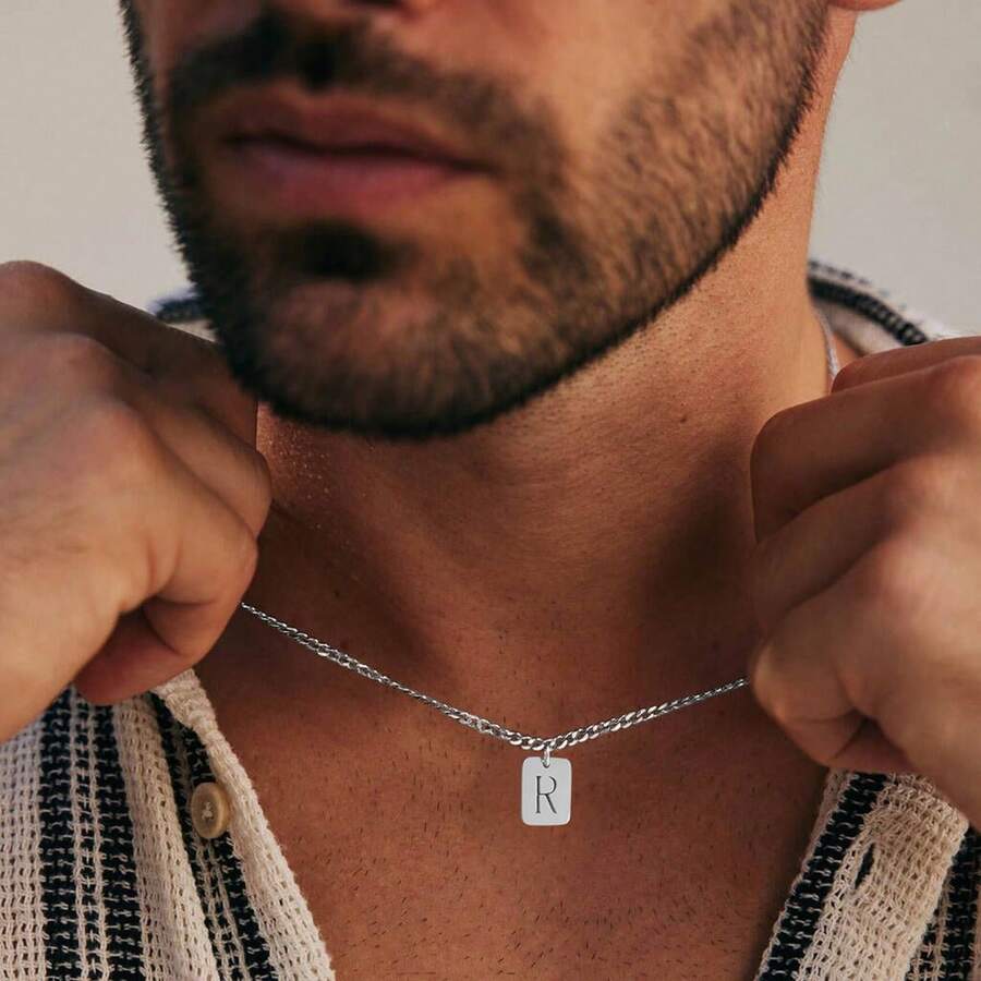 1pc Simple Vintage Silvery Rectangular Initial Pendant Stainless Steel Cuban Chain Necklaces For Men - Silver - View 1