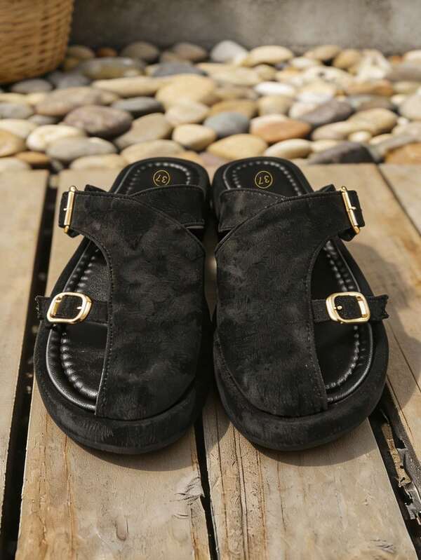 1 Pair Women's Blac Suede Buckle Mule Sandals Slides, Closed Toe Platform Casual Slippers For Summer Daily Wear,Beach Vacations