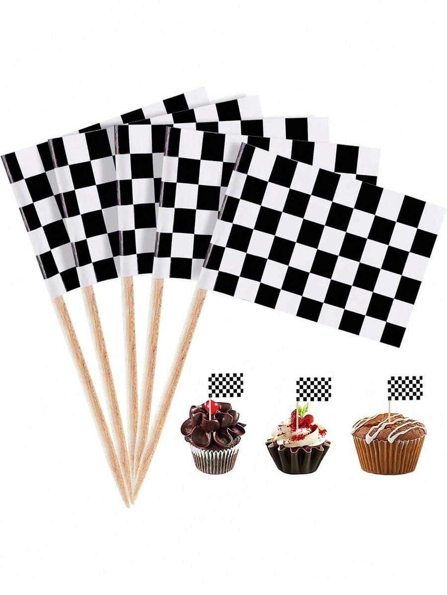 Black And White Checkered Racing Car Toothpick Flags, Mini Racing Car Toothpicks, Cupcake Decorations, Fruit Cupcake Decorations, Food Toothpick Flags, Party Bar Sports Event Decorations, Racing Car Flags And Checkered Flags Cake Decorations, Mini Checkered Racing Car Flag Finish Line Cupcake Decorations, Party Decorative Toothpicks, Black And White Toothpick Cupcake Decorations - Multicolor - View 1