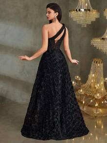 BluePlum Asymmetrical Shoulder Black Lace & Sequin Bridesmaid Dress, Fitted Mermaid Silhouette With Rose Texture, High-End Party Gown With High Slit And Train, Elegant Dark Color Evening Dress Wedding Spring - Black - View 4