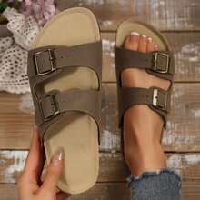 Women's Sandals Flats Soft Open Toe Summer Slide With Adjustable Buckle Slippers Shoes - Nâu sẫm - Xem 8