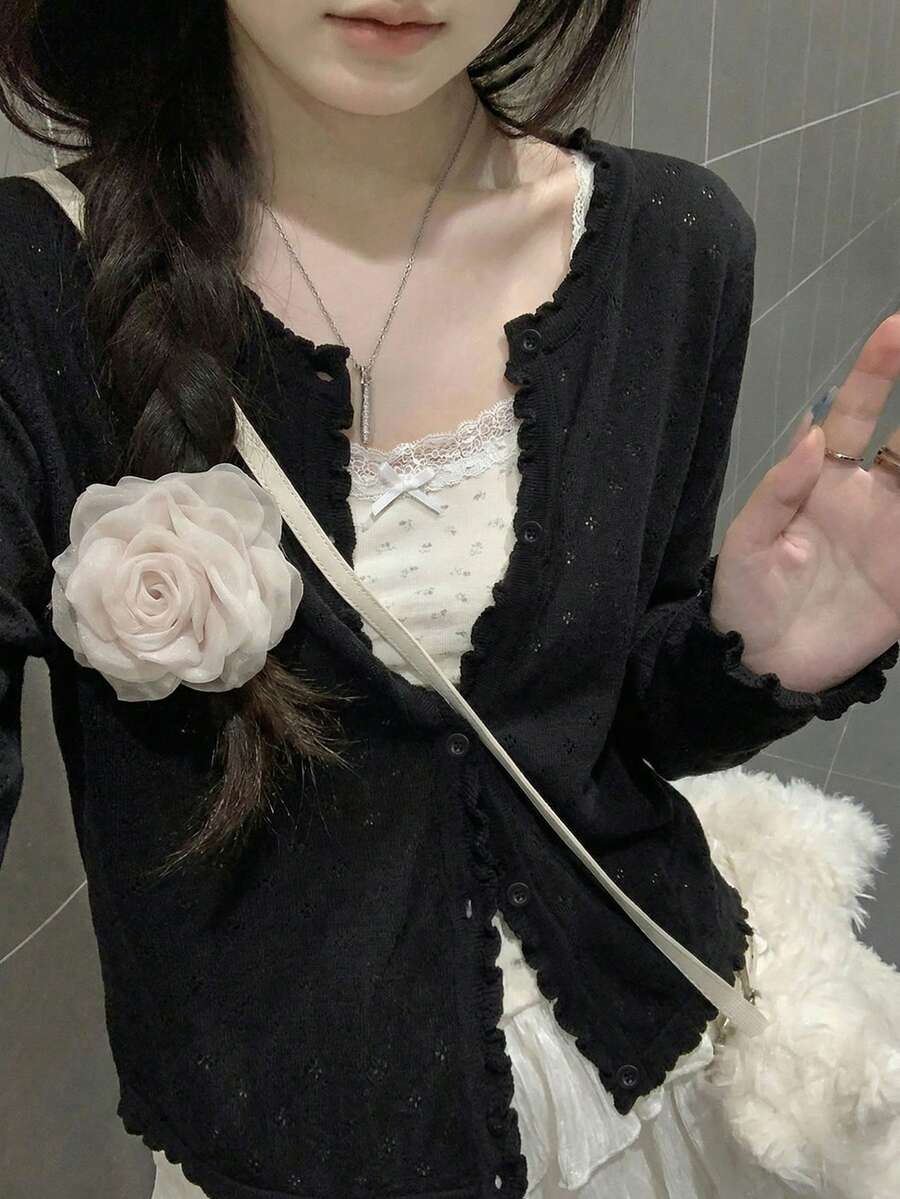 Cardigan Lengan Pendek, Sweater Rajut Ringan Berongga untuk Wanita, Gaya Kasual Manis dengan Hiasan Ruffle, Musim Semi/Panas Hitam - Hitam - View 1