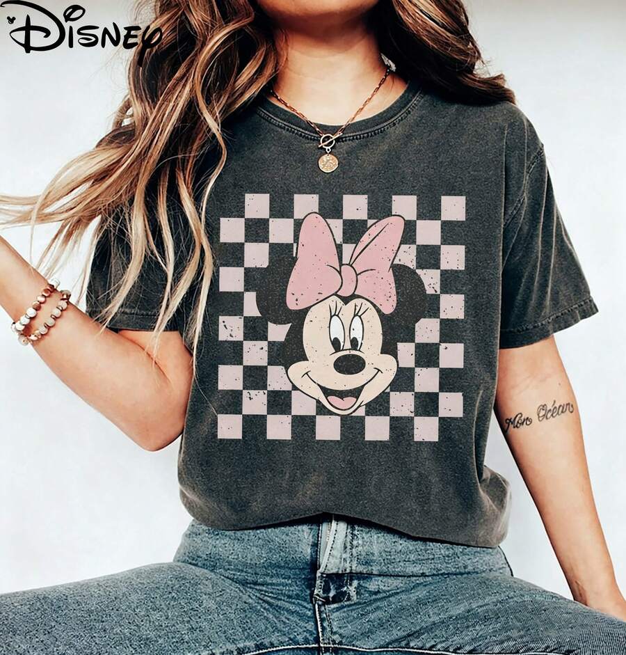 Disney Oversized T-Shirt Retro Minnie Shirt, Minnie Mouse  Shirt, Checkered Disney Sweatshirt, Disney Girl Trip Shirt, Disney Family Shirt, Disney Trip - 黑色 - 查看 1