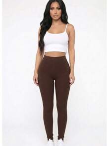 Solid Casual Active High Waist Elastic Waistband Leggings Women's Clothing - Màu nâu Sô-cô-la - Xem 1