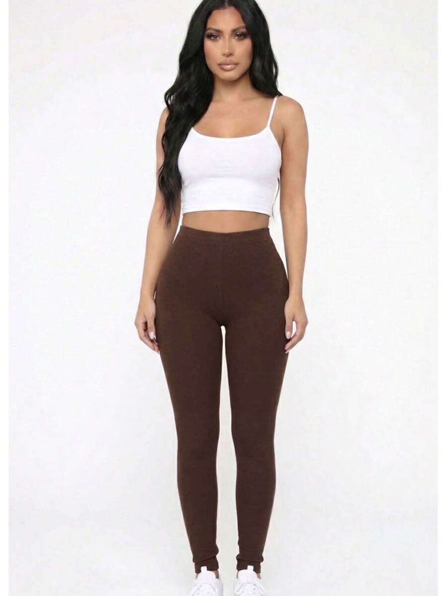Solid Casual Active High Waist Elastic Waistband Leggings Women's Clothing - Màu nâu Sô-cô-la - Xem 1