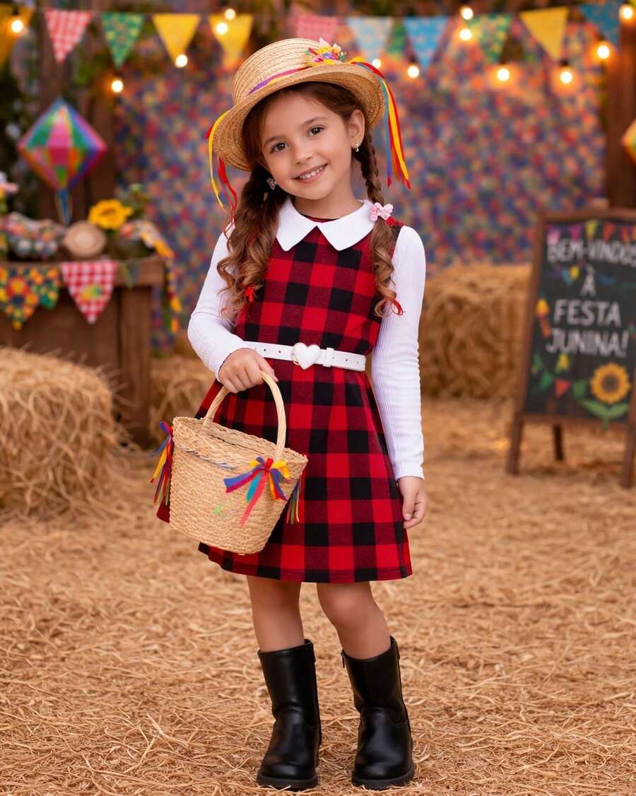 Red And Black Checkered Girl's Dress With Long Sleeves And Peter Pan Collar – Stylish Girl's Festa Junina Outfit - Kẻ caro đỏ - Xem 1