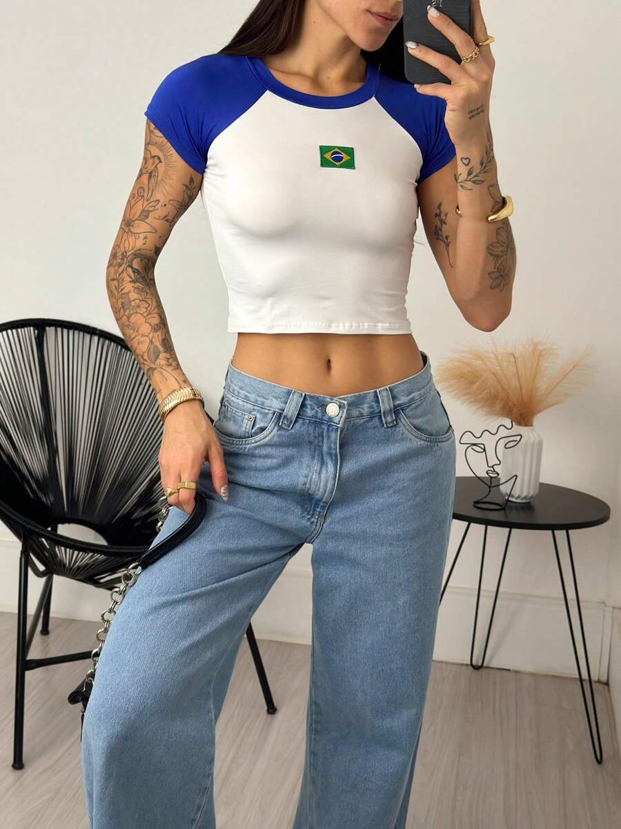 Women's Cropped Blouse Brazil Fitted Raglan Sleeve With Embroidered Patch, Round Neck, Stretch Fabric, Casual Summer Fashion Top, World Cup Top - 白色和藍色 - 查看 1