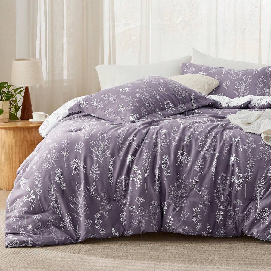 Bedsure Summer Vacation Bedding Set (Holiday Essentials), Comforter Set - Cute And Soft Reversible Botanical Flowers Comforter With 1/2 Pillow Shams, Twin XL Cooling Comforter Set, Soft Bedding Set Gift For Graduation/Vacation/Birthday Decoration/Back To School, For Room Decor, Home Decor, Bedroom Decor, Dorm Decor, Father's Day Gift - Màu tím xám - Xem 1