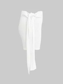 LovelyWholesale Bộ đồ 2 món gợi cảm dành cho nữ: áo thun cổ thuyền xuyên thấu kèm chân váy thắt eo, thích hợp cho mùa hè. - trắng - Xem 7