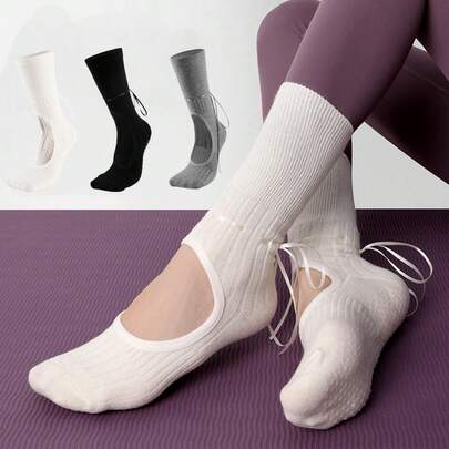 1 đôi tất yoga nữ màu trơn, dài đến bắp chân, không trơn, có dây rút phía sau, thích hợp cho Pilates, khiêu vũ, thể dục, phù hợp cho mùa xuân và mùa hè.