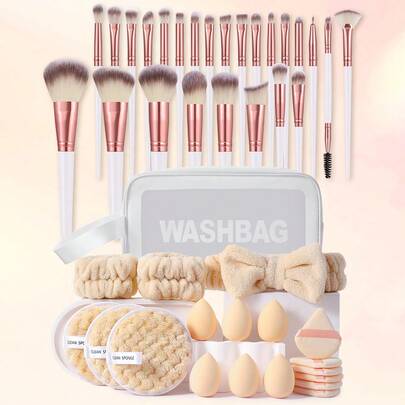 44件套多功能化妆工具套装，含防水化妆包、25支化妆刷、三角粉扑、发带、腕带和卸妆海绵