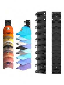 2 piezas Organizador de estante para sombreros montado en la pared - Adhesivo resistente, almacenamiento multicapa para gorras, soporte de exhibición de plástico portátil para puertas de armarios y dormitorios, organizador de perchero para - Negro - Ver 1