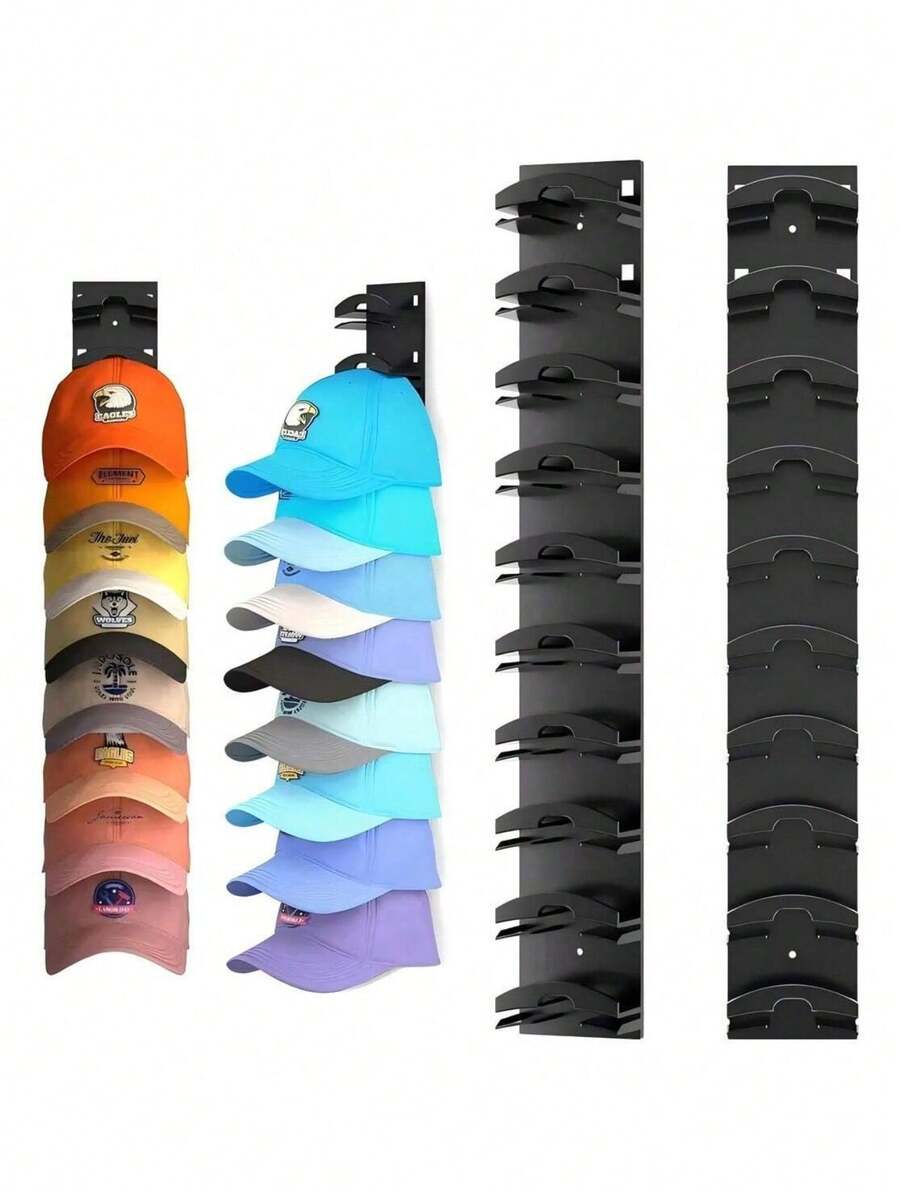 2 piezas Organizador de estante para sombreros montado en la pared - Adhesivo resistente, almacenamiento multicapa para gorras, soporte de exhibición de plástico portátil para puertas de armarios y dormitorios, organizador de perchero para - Negro - Ver 1