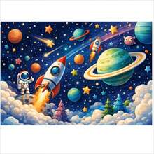 2D 平面太空主题生日装饰横幅背景，外太空派对背景，宇航员火箭星球装饰，适用于生日派对、主题派对、家居花园装饰、儿童室内/室外拍照道具、派对横幅，乙烯基材质 - 彩色 - 查看 20