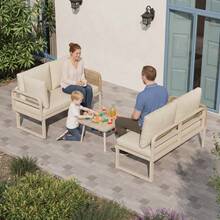 Outdoor Garden Set With Wood-Look Tempered Glass Table, Convertible 4 Seater Polyester Rope Conversation Set With Sofa & Armchairs, Weatherproof Patio Corner Sofa For Balcony & Terrace, Beige - Beige - View 5