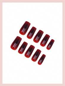 24pcs Gradient Red & Black Shiny Rectangular Nail Stickers, Suitable For Women & Girls - Red - View 2