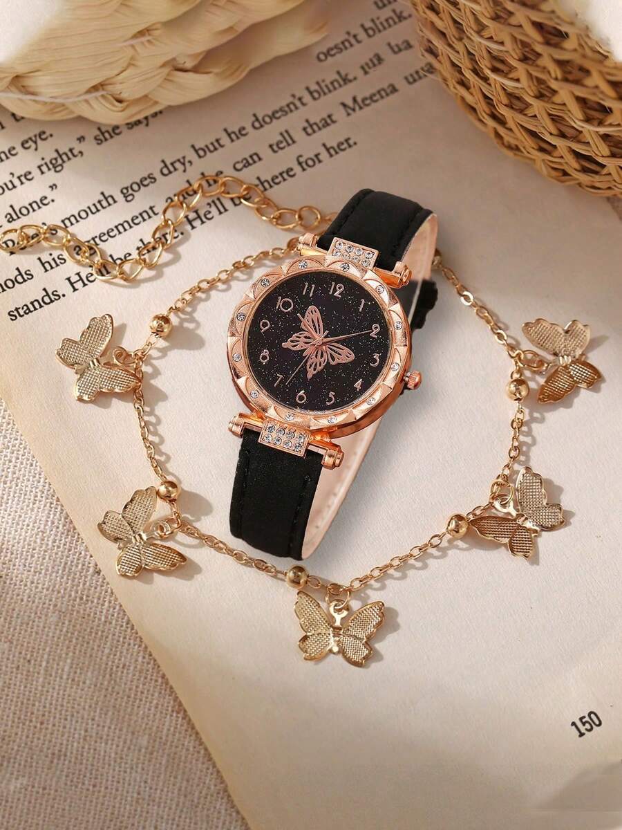 Bộ 2 chiếc đồng hồ thạch anh thời trang dành cho nữ, dây da tối giản, thiết kế dây đeo hình bướm, đồng hồ phong cách dành cho sinh viên. - Một cỡ - Xem 1