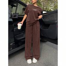 Women's Washed Brown T-Shirt And Pants Two-Piece Casual Set - 咖啡棕 - 查看 4