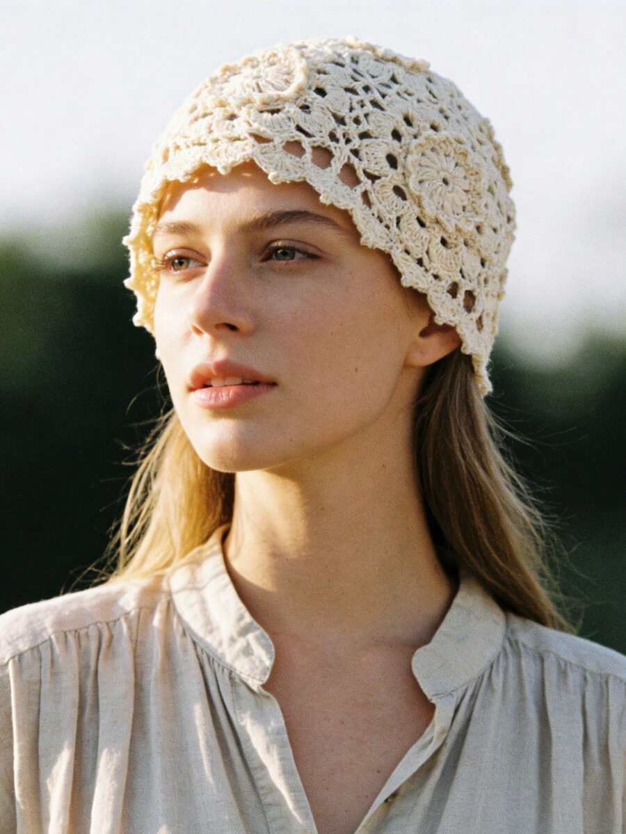 1pc Handmade Crochet Mesh Hollow Flower Shaped Elegant Breathable Lightweight Knit Cap, Spring/Summer - A - View 1