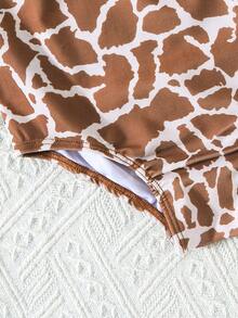Baby Girls' Leopard Print One-Piece Swimsuit Set, Including Swimsuit And Swim Cap. The Spaghetti Strap Neckline Is Decorated With Matching Ruffle Trim, Adding A And Fitting The Well. Suitable For Wearing In The Pool Or At The Beach. - Brown - View 6