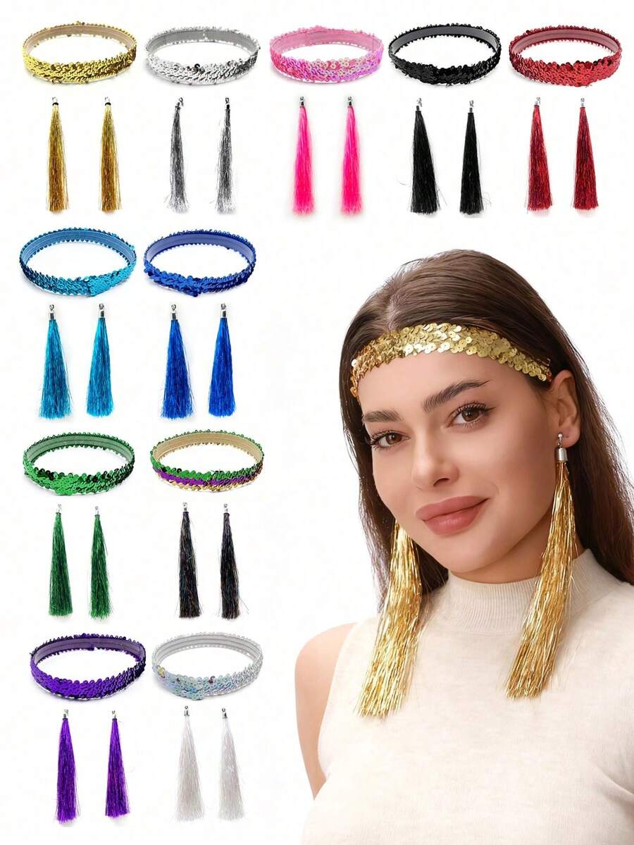1 Set Women's Retro 70s/80s Disco Accessories - Sequin Headband + Tassel Earrings, Suitable For Retro Disco Style, Christmas, Halloween, Parties, Hip Hop Music Festivals, Eye-Catching Combination Girls Costume For Party - Multicolor - View 1