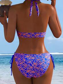 Bộ bikini 2 mảnh cạp cao họa tiết hoa đen trắng có thể điều chỉnh, đồ bơi đi biển mùa hè dành cho nữ, thích hợp cho kỳ nghỉ. - Màu tím - Xem 2