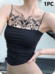 1片装草本汁液性感胸部花朵蝴蝶临时纹身贴纸,防水,女士适用,花朵图案,可用于胸部、锁骨、性感腹部、腰部,草本半永久纹身贴纸,逼真高端纹身设计,也可用于背部、大腿、手臂、腹部,优雅性感 - 彩色 - 查看 15