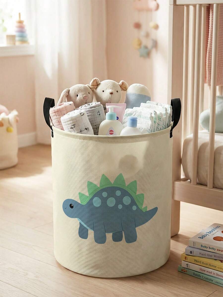 1pc Large Capacity Foldable Round Storage Basket With Cartoon Dinosaur Print, Durable Fabric Laundry Hamper With Handle, Multi-Purpose Storage Bin For Nursery, Diapers, Clothes, Baby Supplies