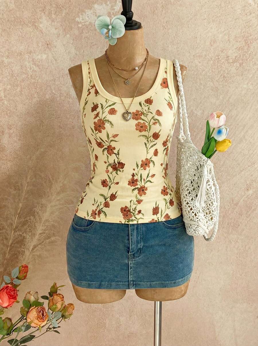 Temptaria Lysee 女士夏季碎花吊带背心，米色修身圆领无袖上衣，Y2K 复古波西米亚休闲街头风