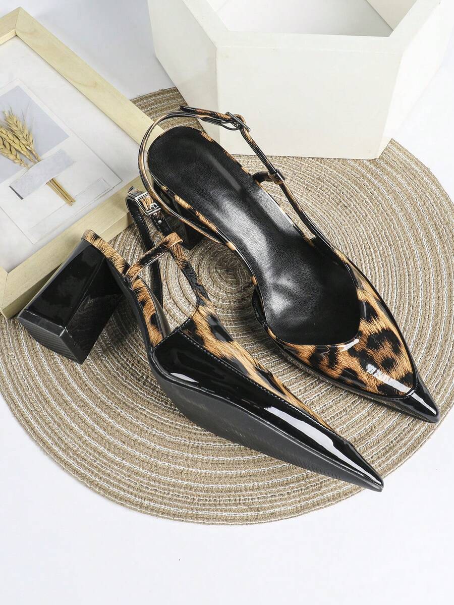 Women's Leopard Print Brown High Heel Pumps, Chunky Heel Open Toe Party Wedding Dress Shoes, 7cm Formal Slip-On Pointed Toe Sandals - Brown Leopard Print - View 1
