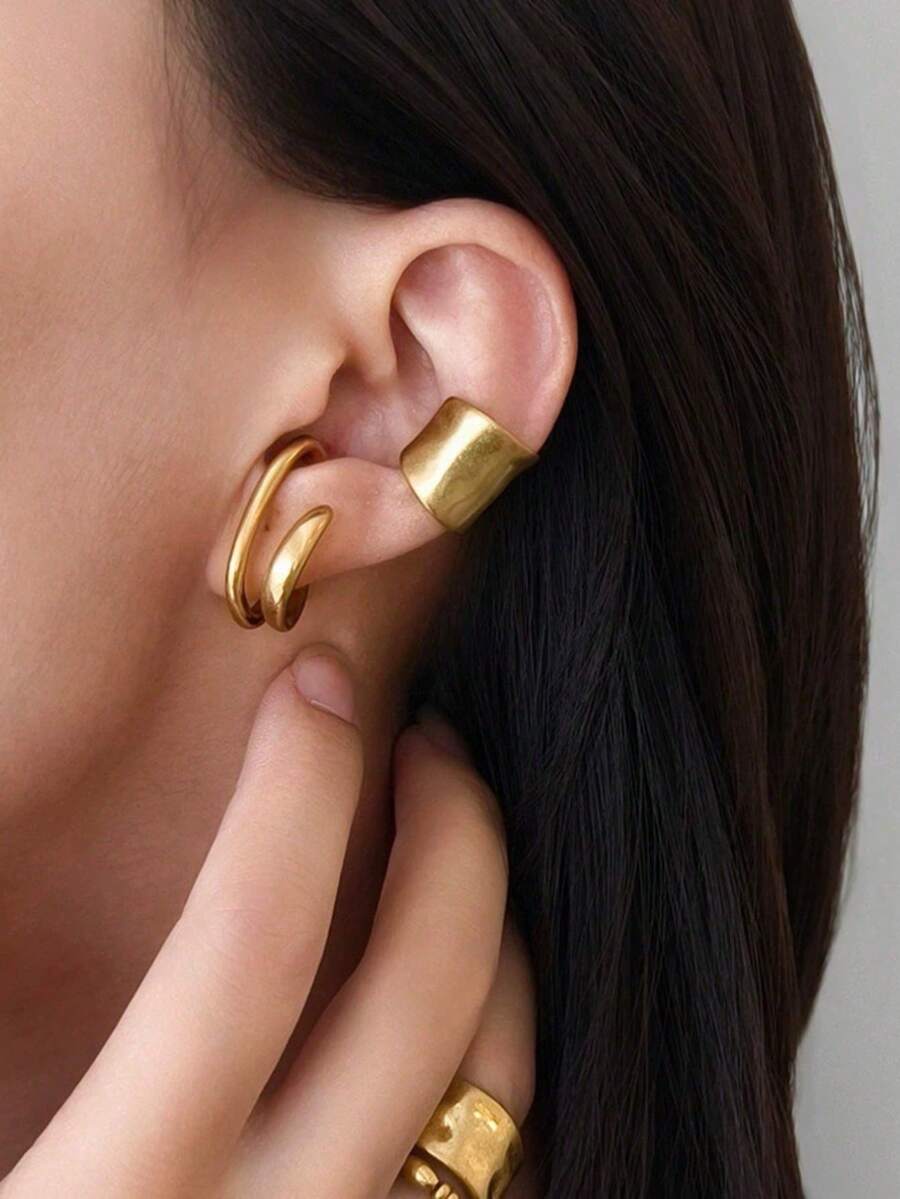 Bộ 2 chiếc khuyên tai kẹp vành tai thiết kế cong tối giản, kiểu dáng thời trang, phù hợp để đeo hàng ngày. - Hình dạng hình học - Xem 1
