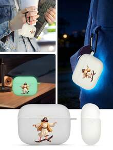 Jesus Skateboarding Cartoon Fun Pattern, Night Fluorescent Split Case, Matte Finish, Earphone Case Compatible With Apple Airpods4/3/1/2/Pro/Pro 2/Pro 3 Quality Goods, Unique Design. Fun, Cartoon-Style, Creative - View 5