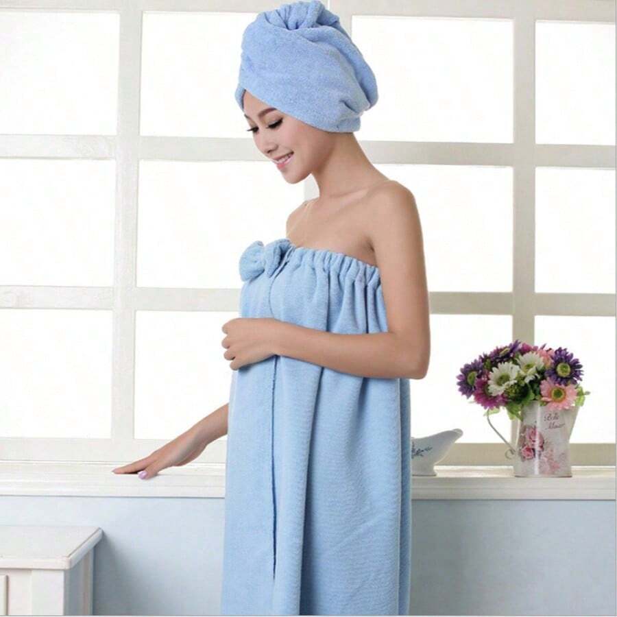 Bộ 2 món áo choàng tắm/khăn trùm đầu bằng sợi siêu mịn, áo choàng tắm thắt nơ dành cho người lớn, thấm hút cao, nhẹ, nhanh khô, bộ áo choàng tắm và khăn trùm đầu, đồ dùng phòng tắm, váy ngắn xông hơi cho nữ, khăn xông hơi spa (55.11in*28.74in) - Nhiều màu - Xem 1