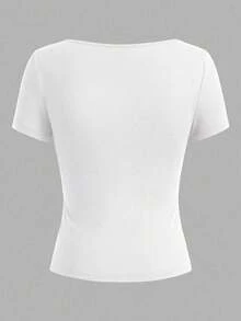 Áo croptop ngắn tay cổ chữ V khoét sâu gợi cảm phong cách Y2K dành cho nữ, chất liệu vải co giãn màu đen, phù hợp cho hộp đêm, tiệc tùng, lễ hội âm nhạc và phong cách đường phố thường ngày, màu trắng mùa hè. - trắng - Xem 3
