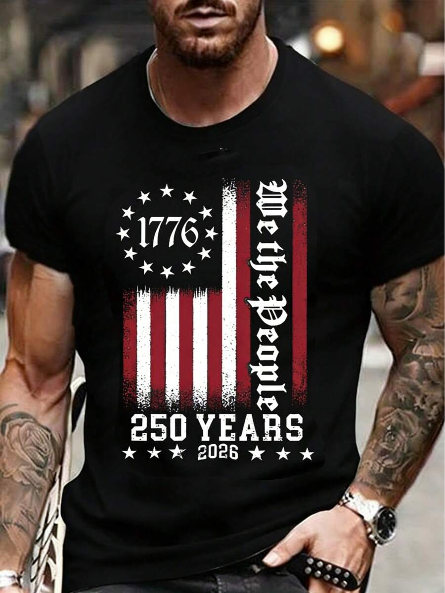 1pc Men'S Cotton Crew Neck-Shirt With Stars And Stripes We People Print, Casual All-Season Short Sleeve Tee With Slight Stretch, Regular Fit Applique DetailSuitable Both Men And Wo - 黑色3 - 查看 1