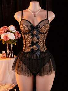 Leopard Print Transparent Mesh Lingerie Set With Bow And Sheer Skirt - Sexy Women's Lingerie Sleepwear - Coffee Brown - View 1