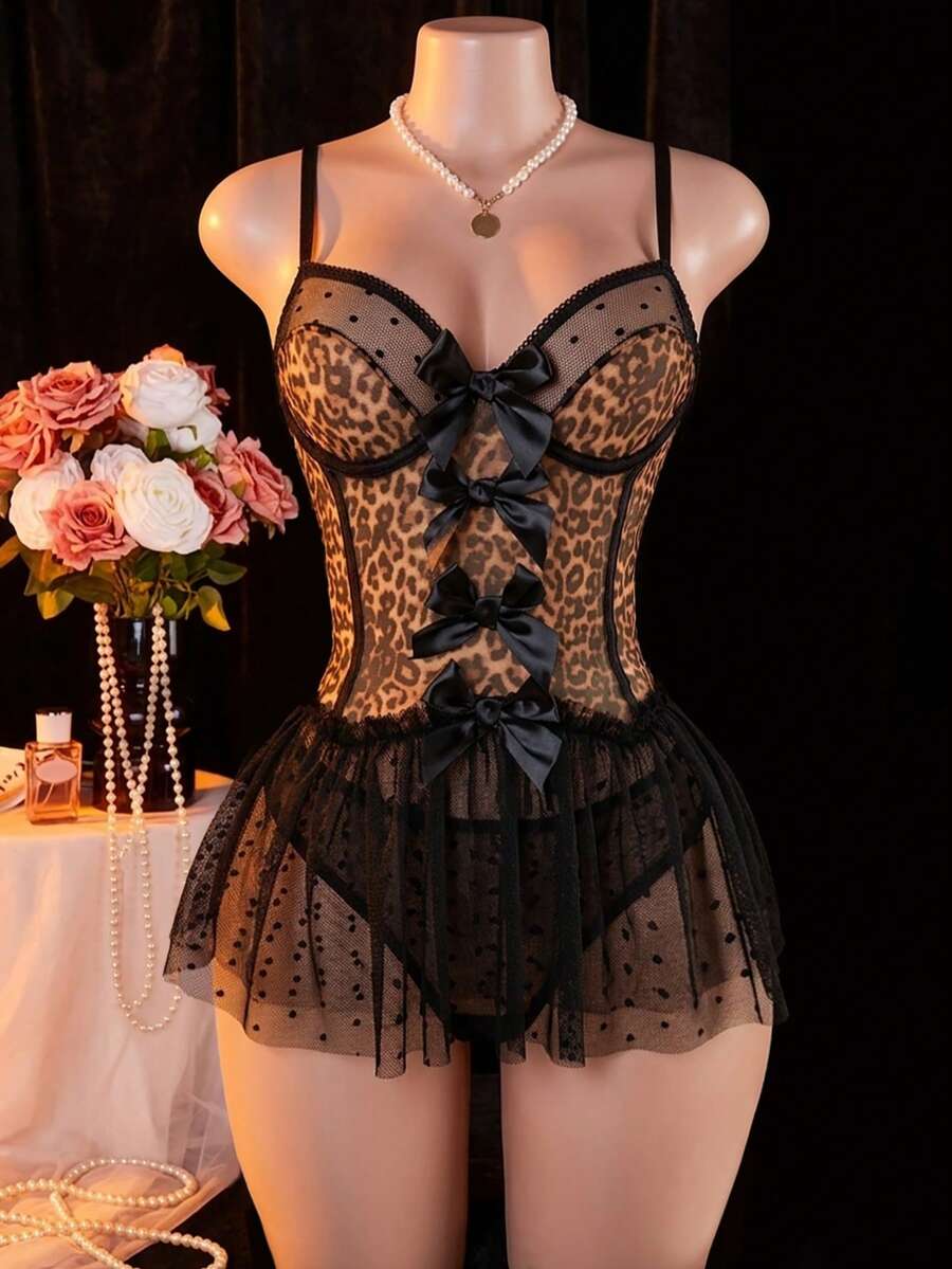 Leopard Print Transparent Mesh Lingerie Set With Bow And Sheer Skirt - Sexy Women's Lingerie Sleepwear - Coffee Brown - View 1
