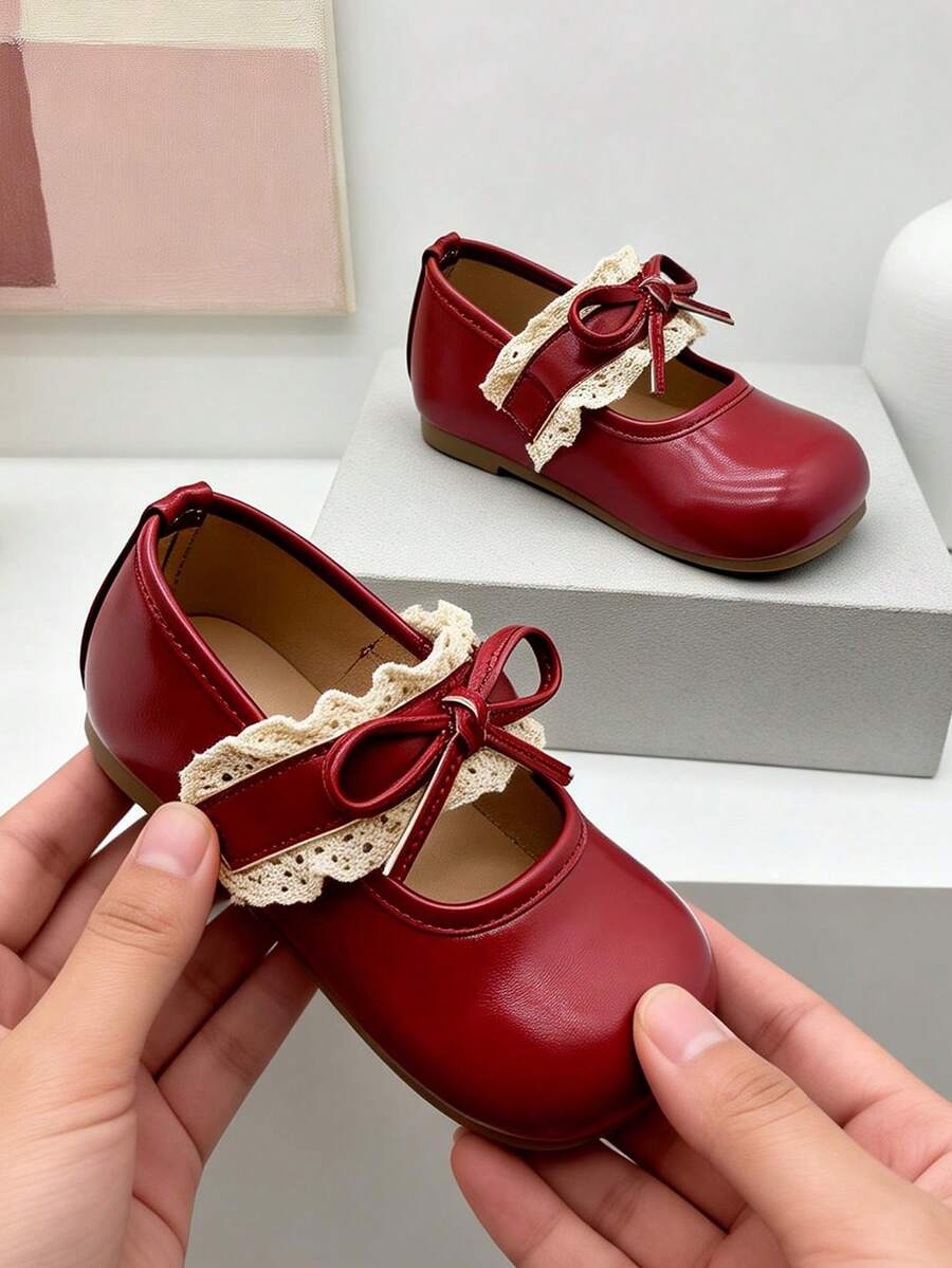 Wine Red Lace Bow Girls Mary Jane Shoes, Vintage Bright Tone Soft Sole, Birthday Party Princess Leather Shoes