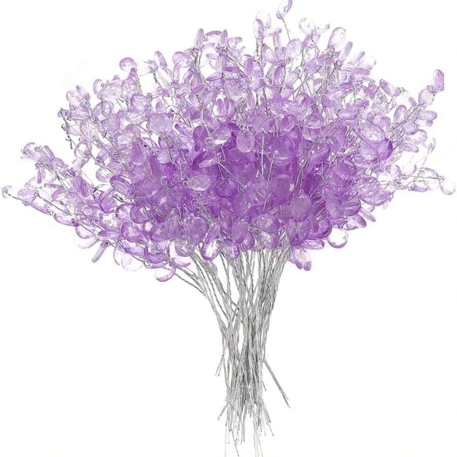 5/50个亚克力珠吊坠花茎花束人造装饰水晶花苞枝插花,适用于婚礼家居装饰花卉装饰工艺品 - 紫色 - 查看 1