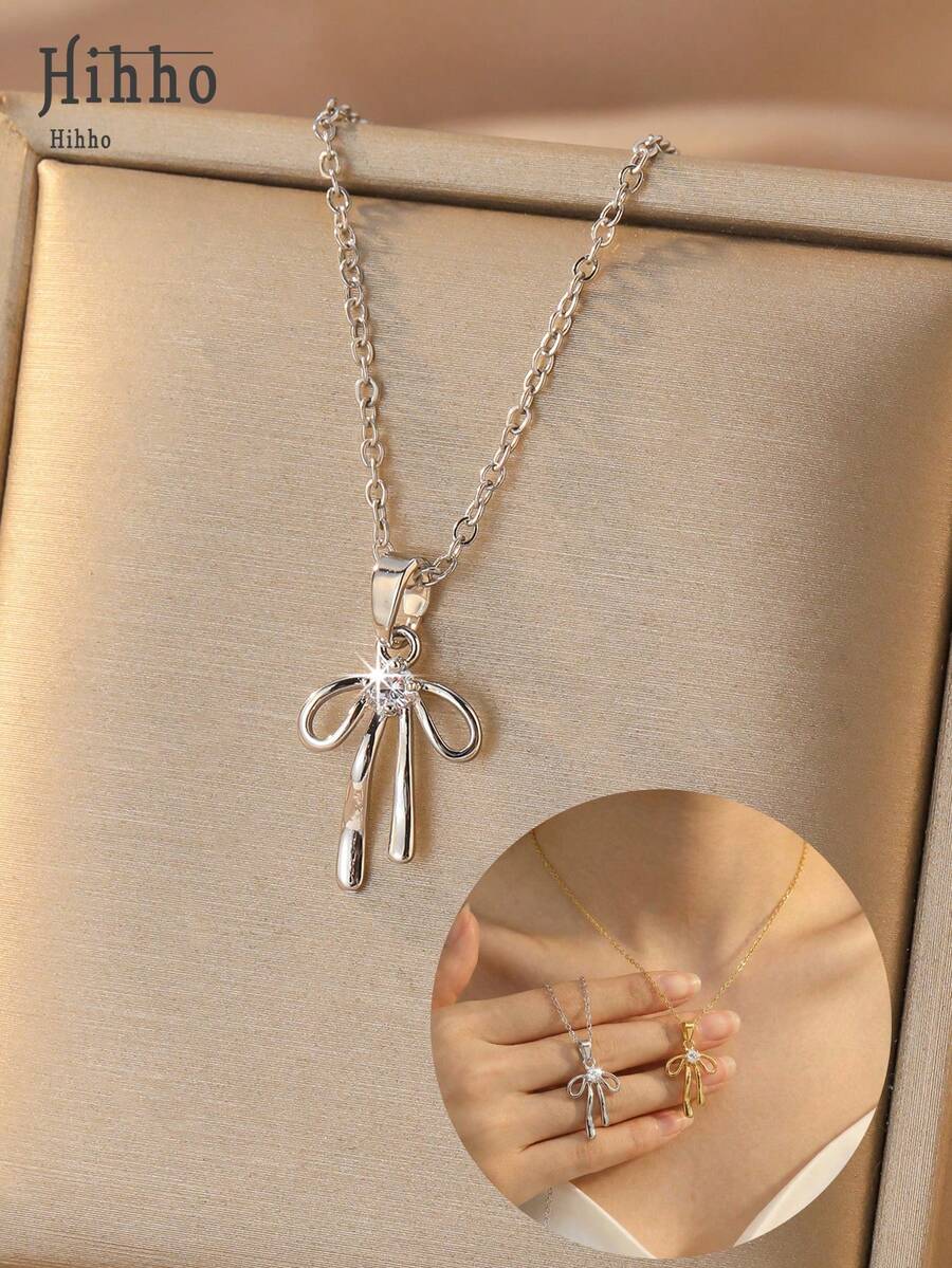 1pc Bowknot Clavicle Chain, Can Be Layered With Fine Chain Or Faux Pearl Chain To Create Depth, Suitable For Daily, Date, Party Wear, Matching Earrings Available In The Same Series - Bow - View 1