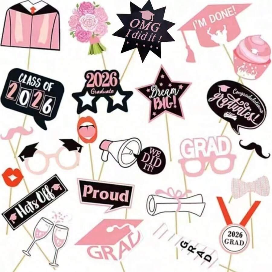 24pcs Pink Graduation Photo Studio Props, 2026 Graduate Exclusive, Graduation Ceremony Decorations, Photography Props Set, Signs, Photo Props, Suitable For Congratulating University Graduates Party, Photo Gifts And Decorations - View 1